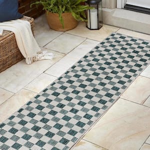 Aimee Turquoise/Cream 2 ft. x 8 ft. Traditional Cottage Checkerboard Indoor/Outdoor Runner Rug