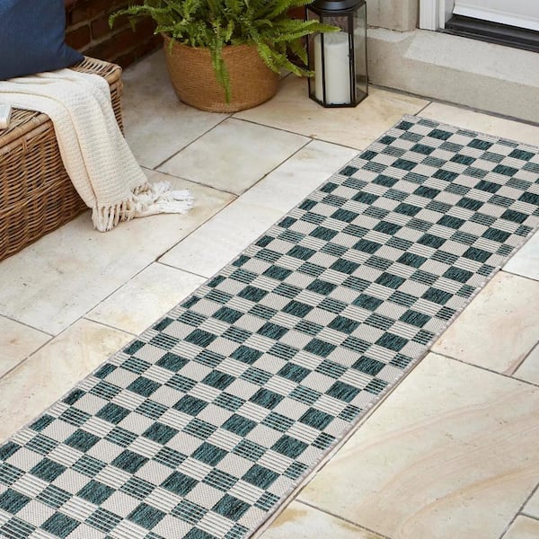 Aimee Turquoise/Cream 2 ft. x 8 ft. Traditional Cottage Checkerboard Indoor/Outdoor Runner Rug