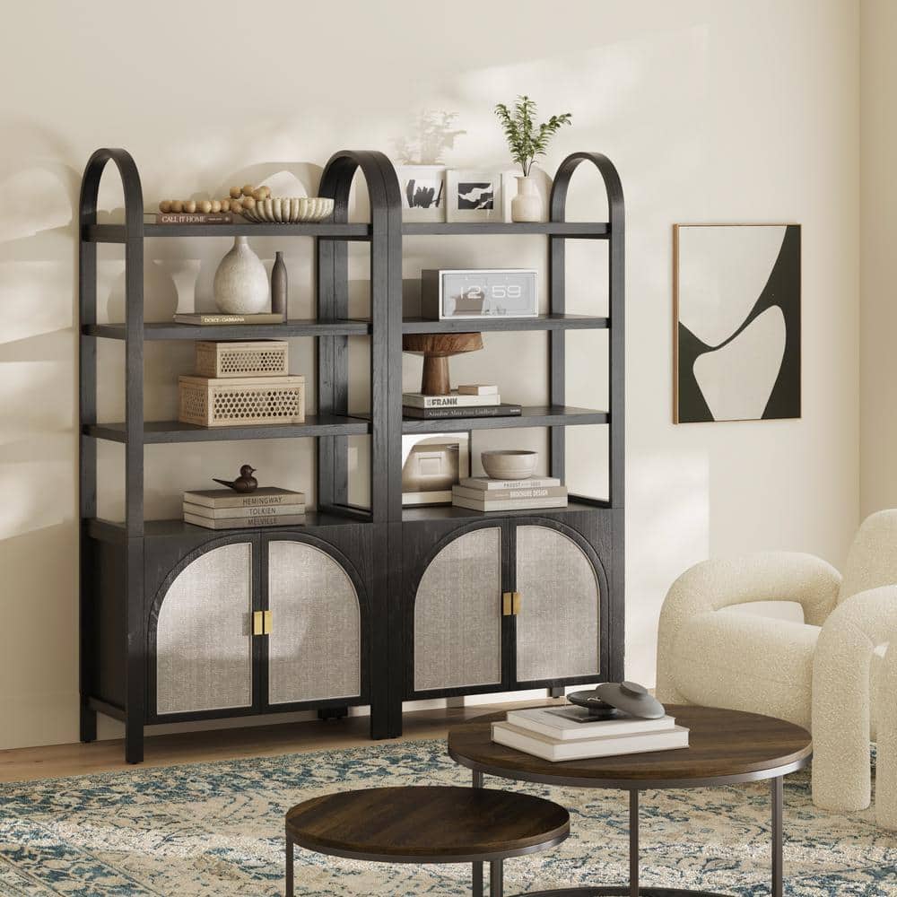 Black Oak 3-Shelf Bookshelf Cabinet with Faux Rattan Doors