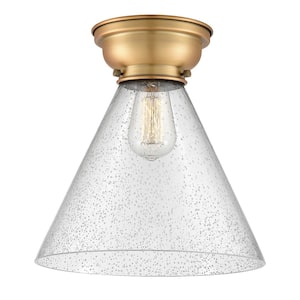 Aditi Cone 12 in. 1-Light Brushed Brass Flush Mount with Seedy Glass Shade