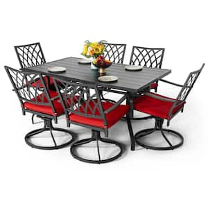 Black 7-Piece Metal Rectangle Outdoor Dining Set with Cushion Patio Furniture Set with Swivel Dining Chair