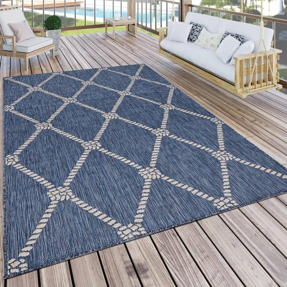 Coastal Charm Blue & White Geometric Flatweave Indoor-Outdoor Rug