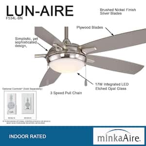 Lun-Aire 54 in. Integrated LED Indoor Brushed Nickel Ceiling Fan with Light