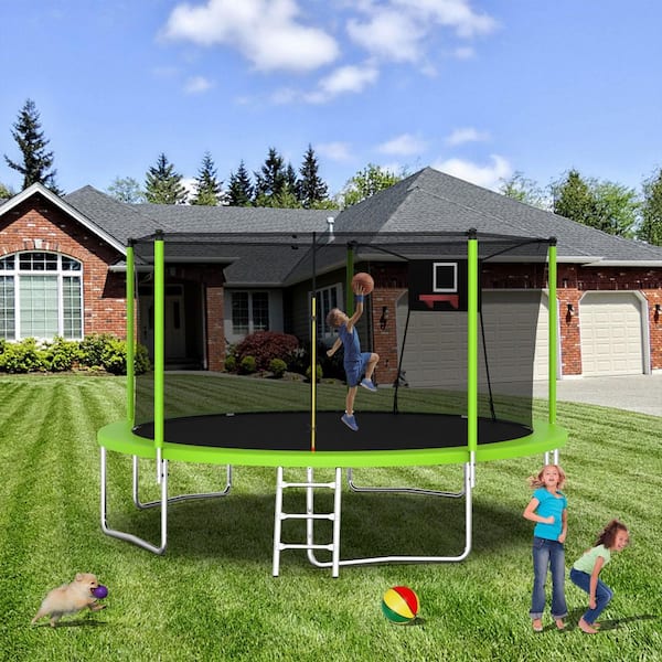 Unbranded 14 ft. Outdoor Trampoline with Basketball Hoop, Enclosure Net and Ladder for Kids and Adults, Green