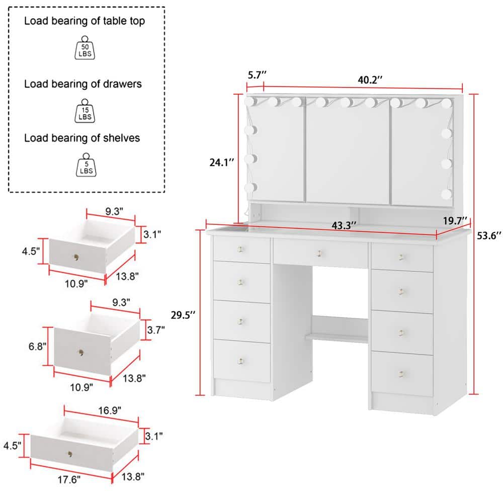 White Makeup Vanity Desk 9 Drawers Wood Dressing Table With 3 LED Bulb Light Mirrors, Glass Top, Hidden Storage Shelves - thumbnail 3