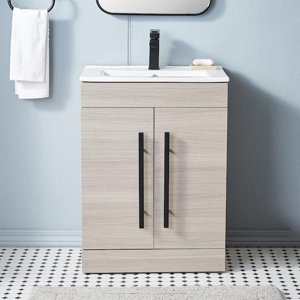 VAPSINT 24 in. W x 16 in. D x 32 in. H Freestanding Bath Vanity in Light Gray with White Ceramic Top