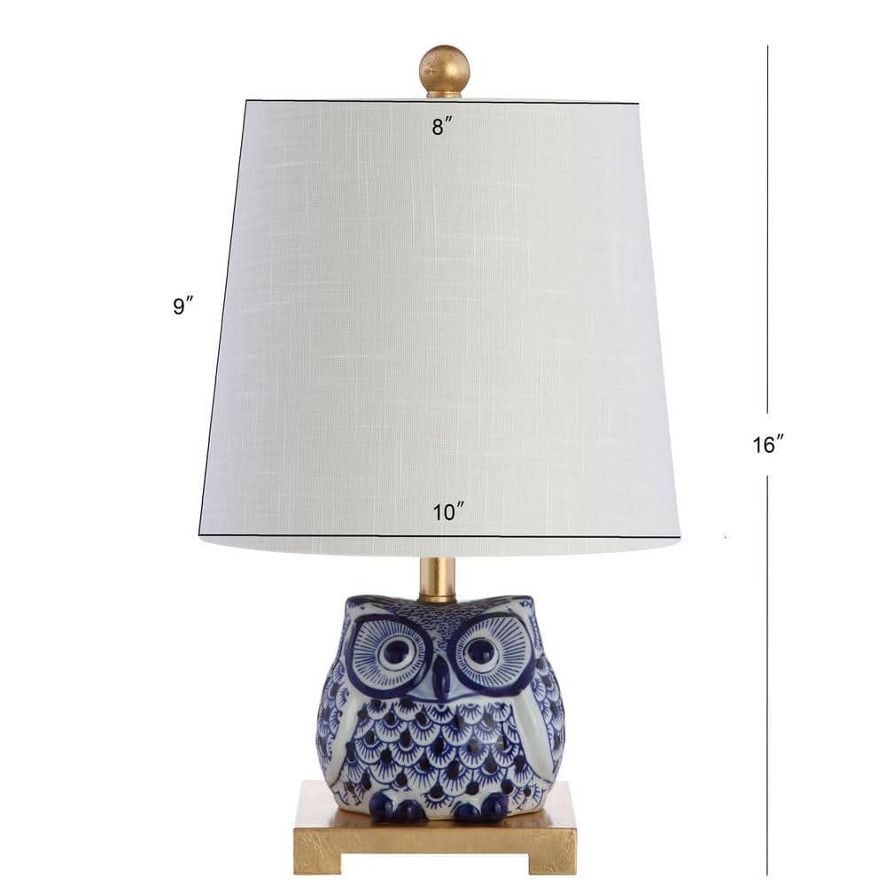 Justina Blue Ceramic Owl Table Lamp Set with White Shade