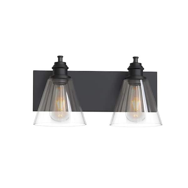 Manor 15.375 in. Width 2-Light Vanity Light Matte Black Finish Clear Glass Shades