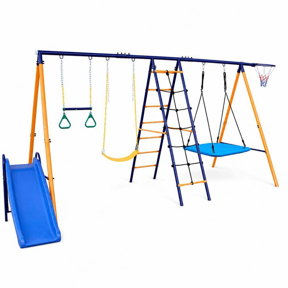 Zyerch 7 in 1 Metal Outdoor Swing Set with Slide, 2 Swing Seats, 1