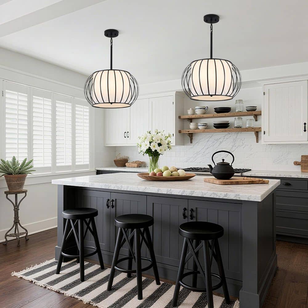 4-Light Black Lantern Fabric Shade Chandelier Adjustable height Pendant Light for Dining Room price history on PriceWatchPro