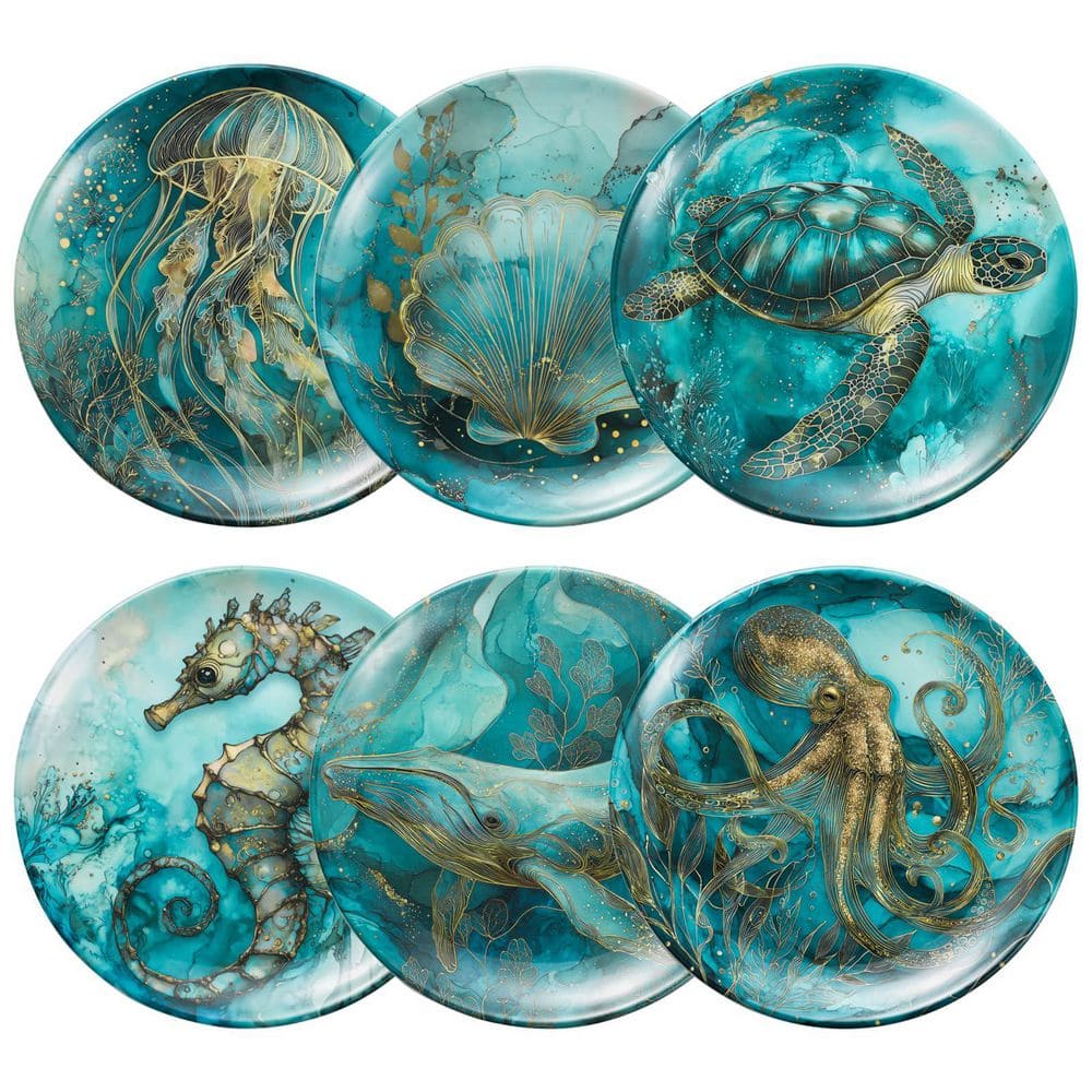 Set of 6 Ocean Theme Melamine Dinner Plates 10.5 in. Marine Animal Gold Accent Coastal Dishwasher Safe price history on PriceWatchPro
