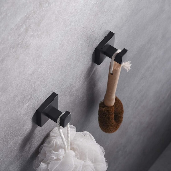 Wall-Mount J-Hook Robe/Towel Hook Square Robe Hook in Stainless Steel Matte Black (2-Piece)