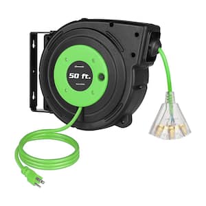 50 ft. 14/3 SJTOW 13 Amp Retractable Extension Cord Reel with Lighted Triple Tap Grounded Outlets, Green