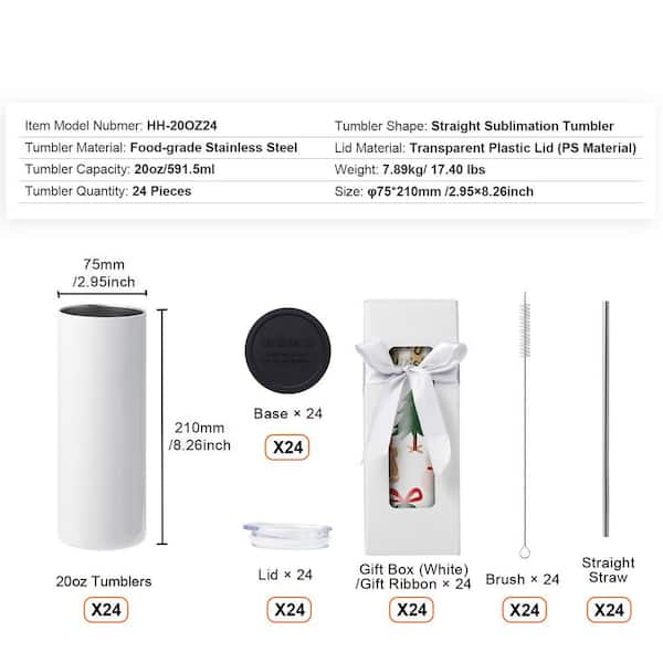 VEVOR 24 Pack Sublimation Tumblers 20oz Skinny Straight, Stainless Steel Sublimation Tumblers Blank, Stainless Steel Double Wall Tumbler, White
