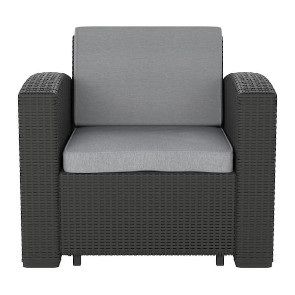 CorLiving Lake Front Resin Wicker Outdoor Lounge Chair with Blue Cushion