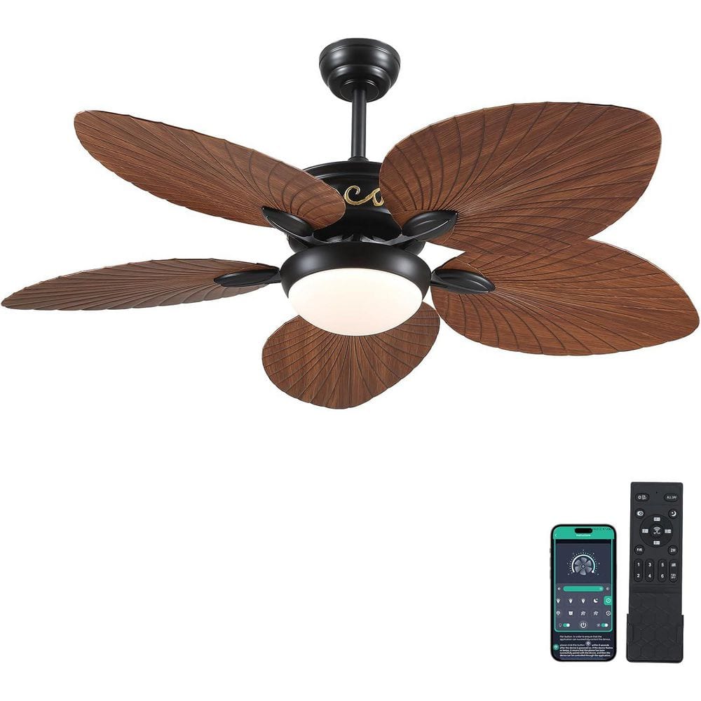 52 in. Indoor/Outdoor Black Retro 5 Palm Leaf Shaped Blades Ceiling Fan with Dimmable LED Light and Remote/APP Control price history on PriceWatchPro