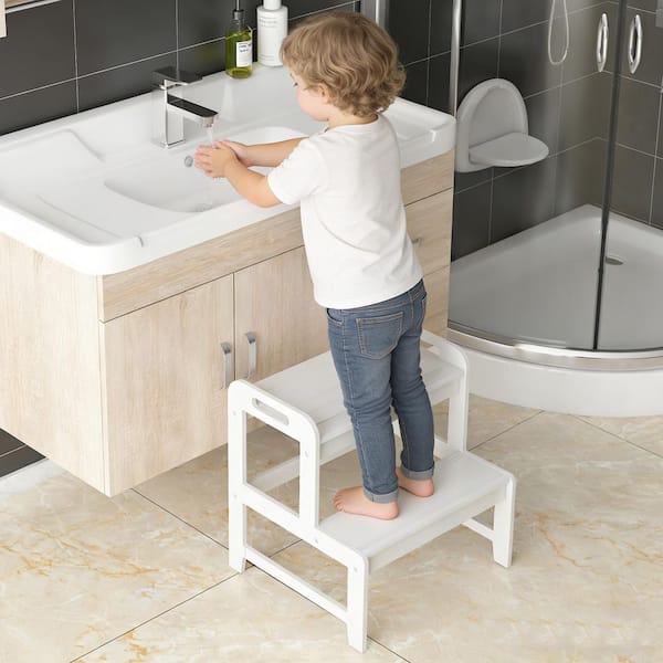 17.13 in. White Kids Step Stool, Kitchen Toddler Helper, 2-Step Bamboo Step Stool with Safety Handles