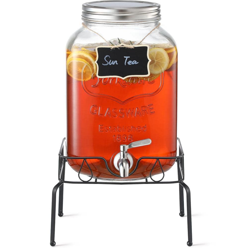 2 Gallon Clear Glass Beverage Dispenser with Stainless Steel Spigot and Stand