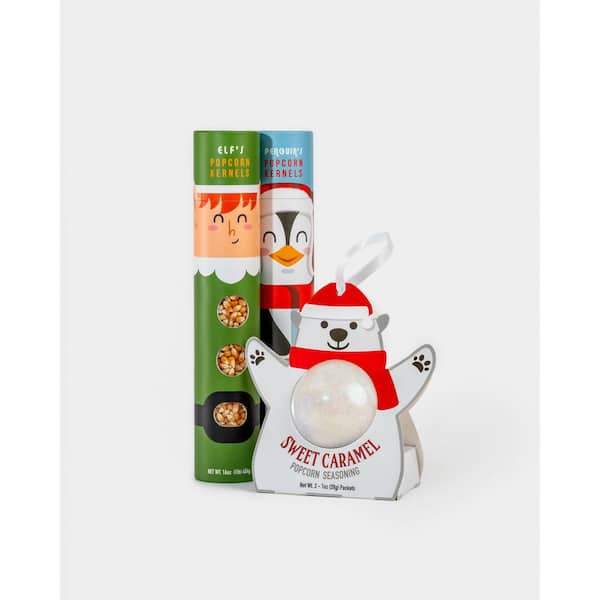 Elf and Penguin Holiday Popcorn Tubes with Polar Bear Sweet Caramel Seasoning Ornament