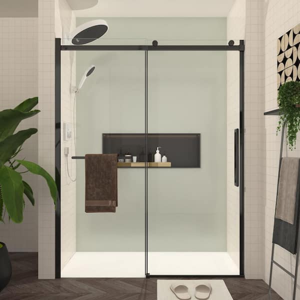 Leroy 60 in. W x 76 in. H Frameless Sliding Shower Door Glass Panel in Clear Glass with Towel Bar and Handle