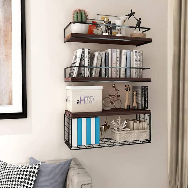 16.9 in. W x 5.8 in. D Dark Brown Wood Floating Shelves with Sturdy Metal  Frame Decorative Wall Shelf PUCF79 - The Home Depot