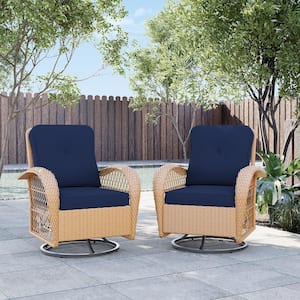 Yellow Wicker Outdoor Rocking Chair Patio Swivel Chair with Navy Blue Cushion (Set of 2)