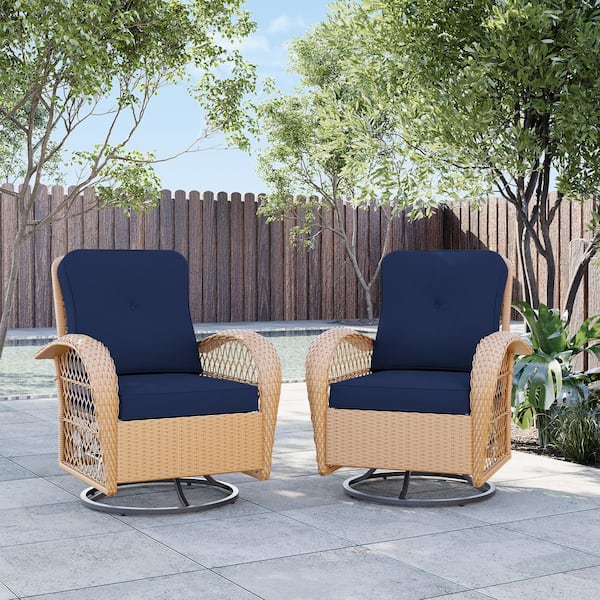 UPHA Yellow Wicker Outdoor Rocking Chair Patio Swivel Chair with Navy Blue Cushion (Set of 2)