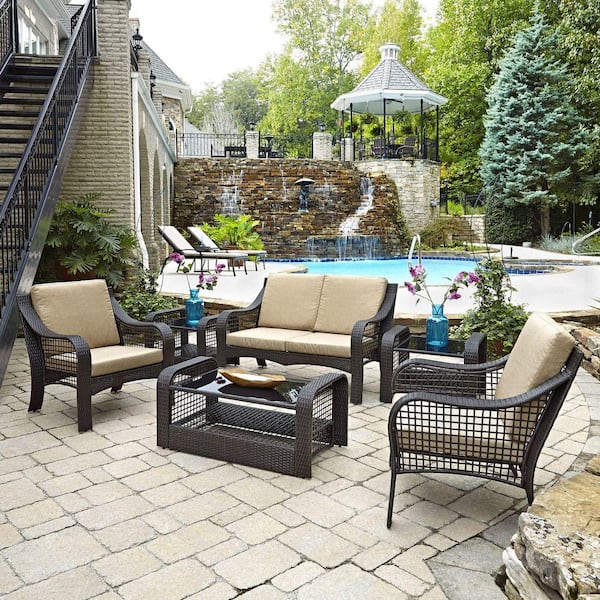 Home Styles Lanai Breeze Dark Brown Woven 2-Piece Love Seat Patio Accent Chairs, 2 End Tables and Coffee Table