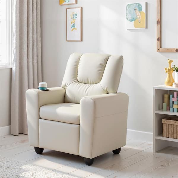 Beige Faux Leather Upholstery Kids Recliner Couch Chair with Cup Holder Black