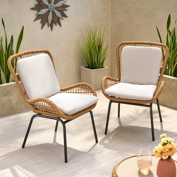 Noble House Pabrico Light Brown Removable Cushions Faux Rattan Outdoor Patio Club Chair with Beige Cushion (2-Pack)