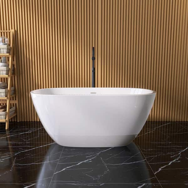 Xspracer Moray 55 in. x 29 in. Acrylic Flatbottom Freestanding Soaking Non-Whirlpool Bathtub with Pop-up Drain in Glossy White