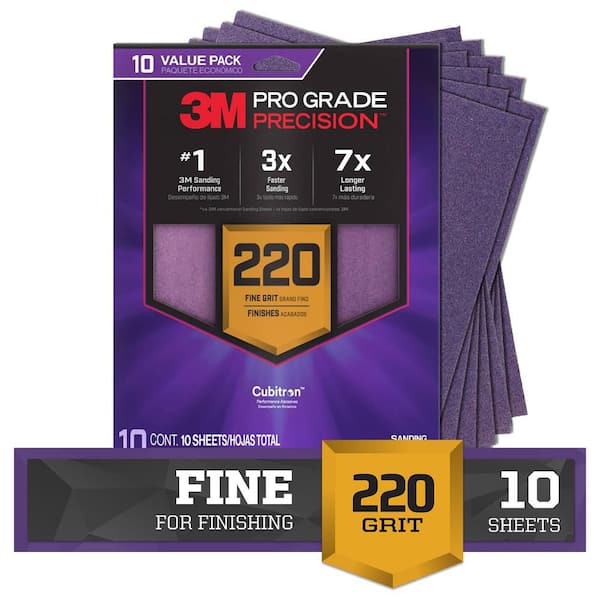 Pro Grade Precision 9 in. x 11 in. 220 Grit Faster Sanding Sheets with No-Slip Grip Backing (10-Pack)