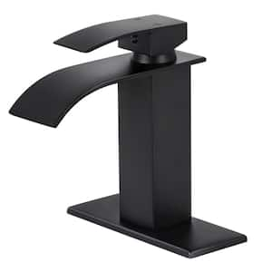 Waterfall Single Handle Single Hole Low-Arc Bathroom Faucet with Deckplate Matte Black