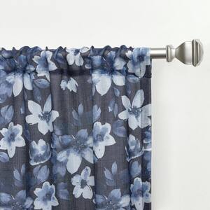 Dara Indigo Floral Light Filtering Rod Pocket Curtain, 54 in. W x 63 in. L (Set of 2)