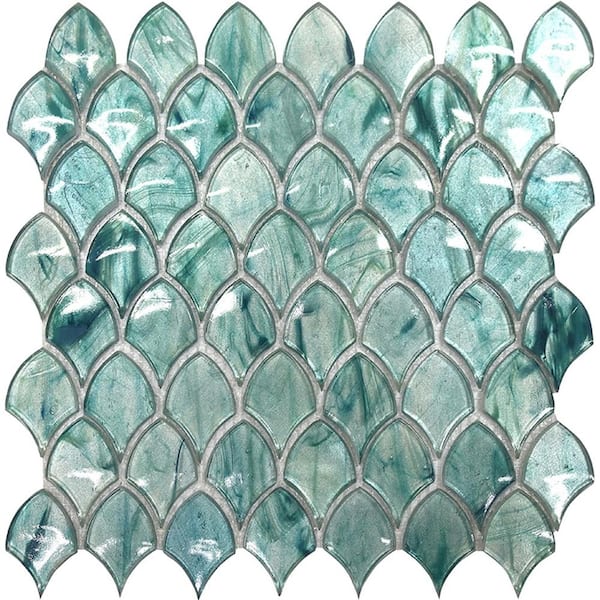 Apollo Tile Majeste 4 in. x 6 in. Glossy Sea Blue Glass Mosaic Fan Shape Wall and Floor Sample Tile (0.13 sq. ft./Piece) (1-Pack)