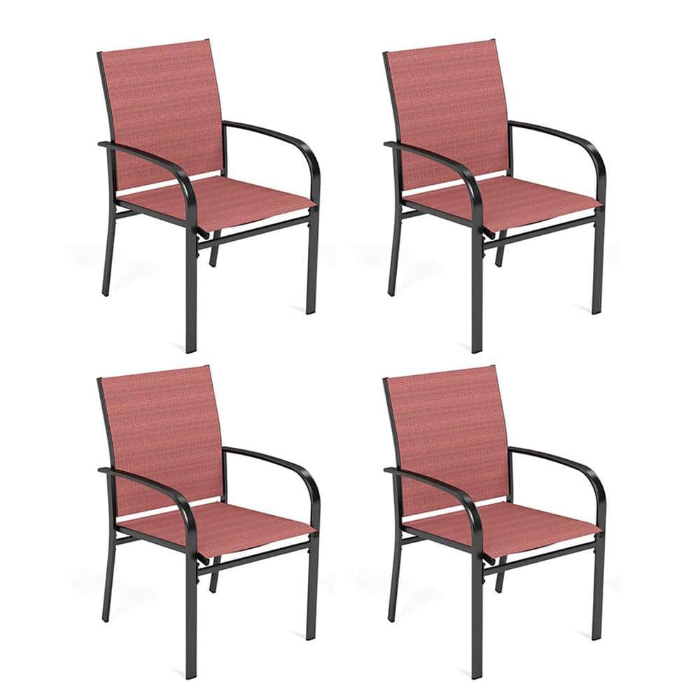 PHI VILLA Black Ergonomic Red Textilene Metal Outdoor Dining Chair with ...