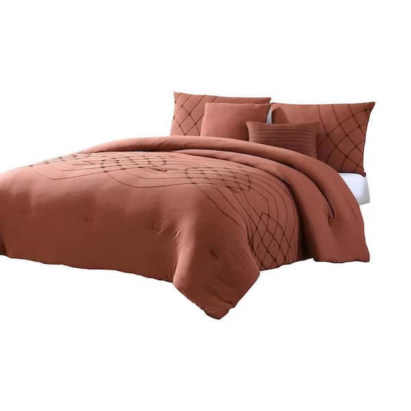Benjara Alice 5-Piece Red Stitched Microfiber Queen Comforter Set