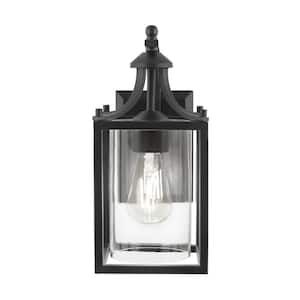 Boswell Quarter 13.62 in. 1-Light Matte Black Hardwired Outdoor Transitional Wall Lantern Sconce with Clear Glass Shade