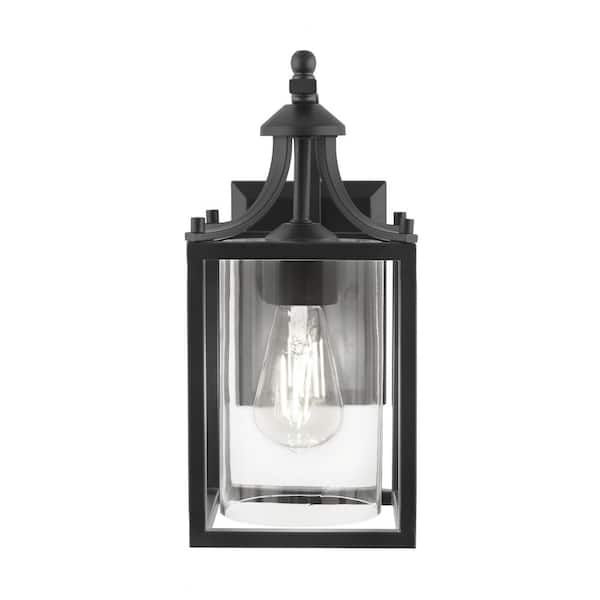 Hampton Bay Boswell Quarter 13.62 in. 1-Light Matte Black Hardwired Outdoor Wall Light Lantern Sconce with Clear Glass Shade
