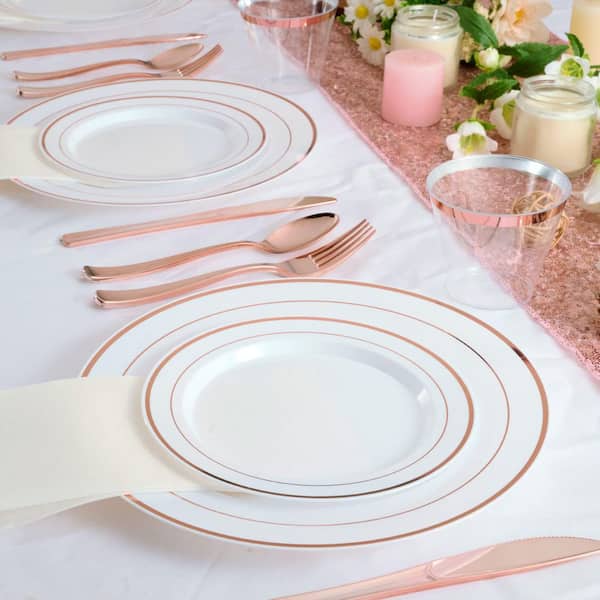 600-Piece Rose Gold Disposable Plastic Dinnerware Set Service for 100, Includes Plates, Cups, Cutlery Set for Wedding