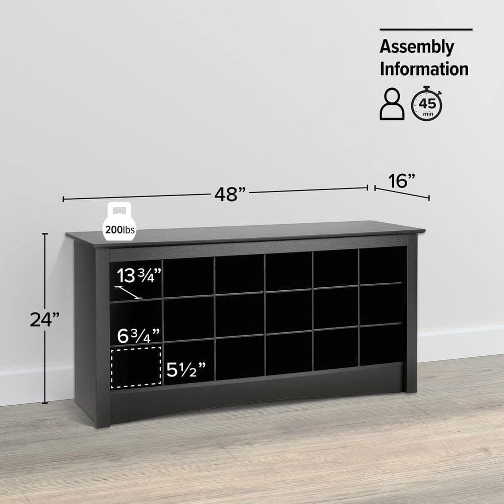 Black Wooden Shoe Storage Cubbie Bench with 18 Compartments