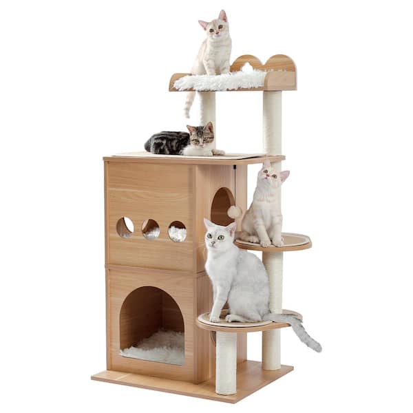 Foobrues Modern Cat Tree Wooden Multi-Level Cat Tower, Deeper Version of Cat Sky Castle with 2 Cozy Condos and Luxury Perch