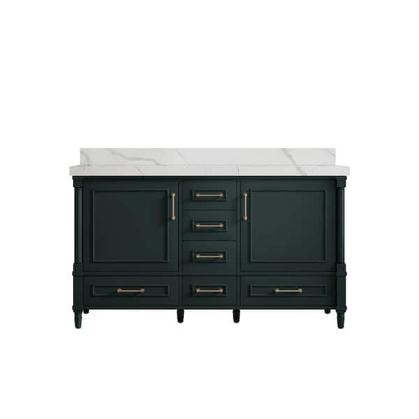 Willow Collections Hudson 60 in. W x 22 in. D x 36 in. H Double Sink Bath Vanity in Dark Green with 2 in. Calacatta Quartz Top