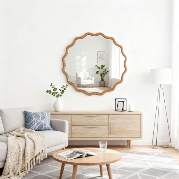 Ami Light Brown Wood 36 in W x 36 in. H Bohemian Irregular Wood Framed Decorative Mirror