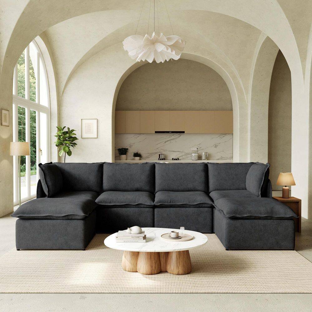 Modern Steel 128 in. 6-Piece Polyester Modular Sectional Sofa w/Washable Cover, Ottoman, Portable for Rentals in Black