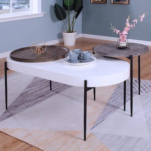 Postiana 2-Piece 48 in. Gray/Dark Walnut/White/Sand Black Large Oval Wood Coffee Table Set