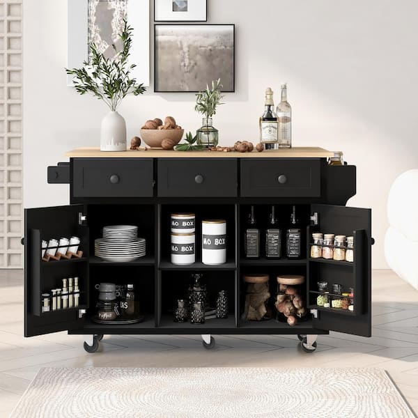 Zeus & Ruta Black Wood 53.1 in. Kitchen Island with 3 Drawers and Drop-Leaf Countertop