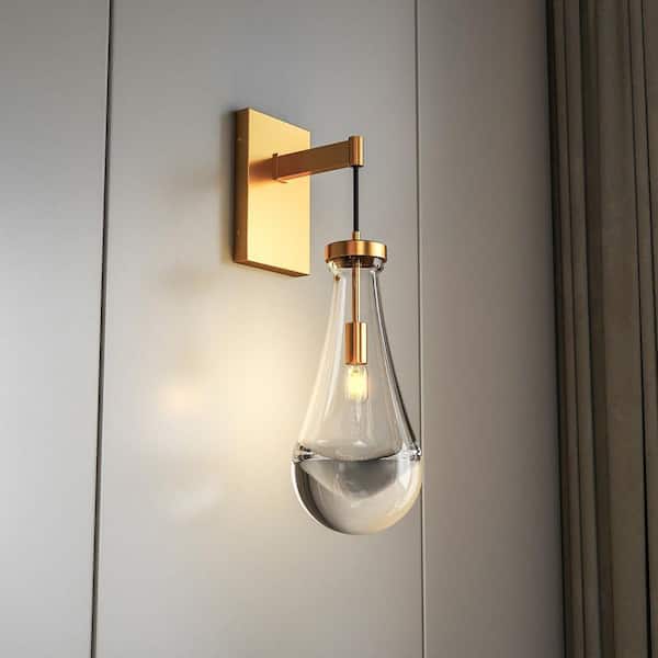 1 Light Gold Fixture Wall Sconce with Clear Glass Teardrop Shade
