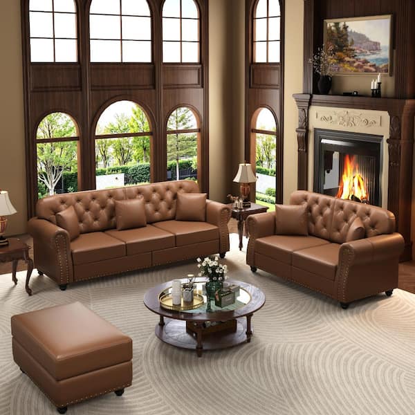 Brown 3-Piece Upholstered Faux Leather Tufted Sofa with 5 pillows, Ottoman and Rolled Armrests