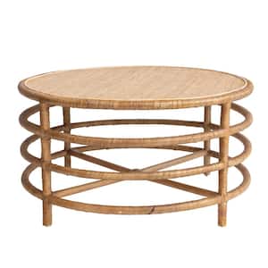36.22 in. Natural Woven Round Rattan/Wicker and Banana Leaf Coffee Table